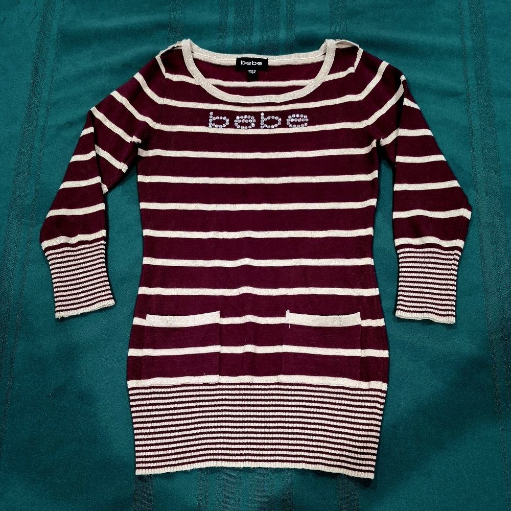 Bebe Swarovski Crystals Logo Chocolate Brown/Gold Metalic Striped Sweater - S.